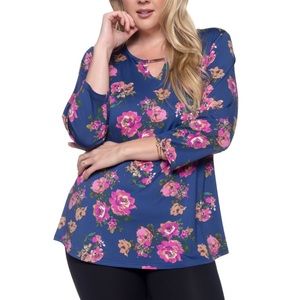 Navy Floral Top with Silver Keyhole Neckline
